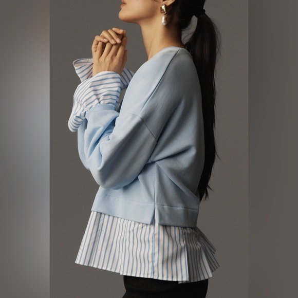 NWT! ANTHROPOLOGIE BLUE WEDGEWOOD MAEVE STRIPED TRIM TWOFER SWEATSHIRT- MEDIUM 💚 - Picture 3 of 7